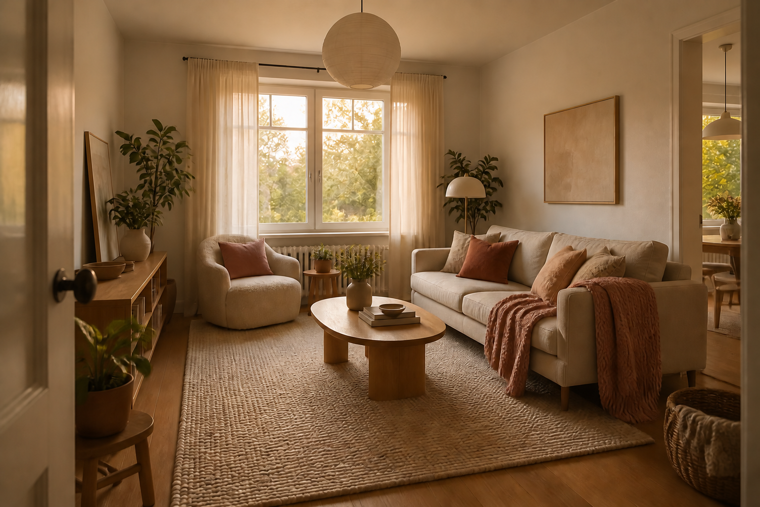 Gemütliches helles Wohnzimmer mit Sofa und geschichteten Textilien – KI-generierte Visualisierung