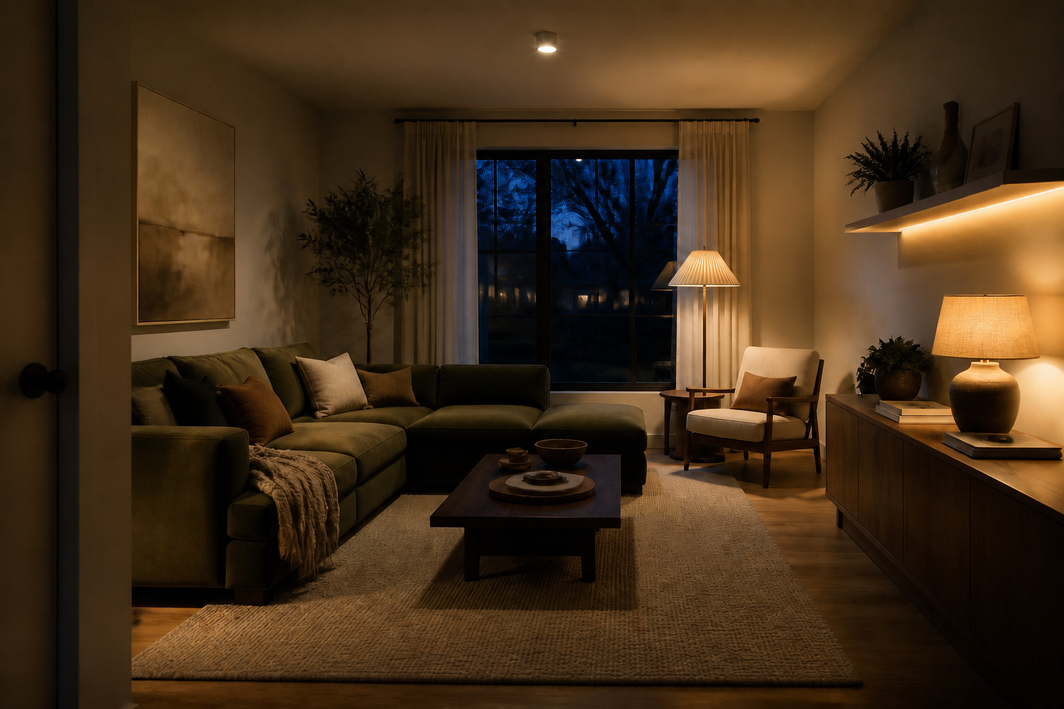 Wohnzimmer mit olivgrünem Sofa und mehreren warmen Lichtinseln – KI-generierte Visualisierung
