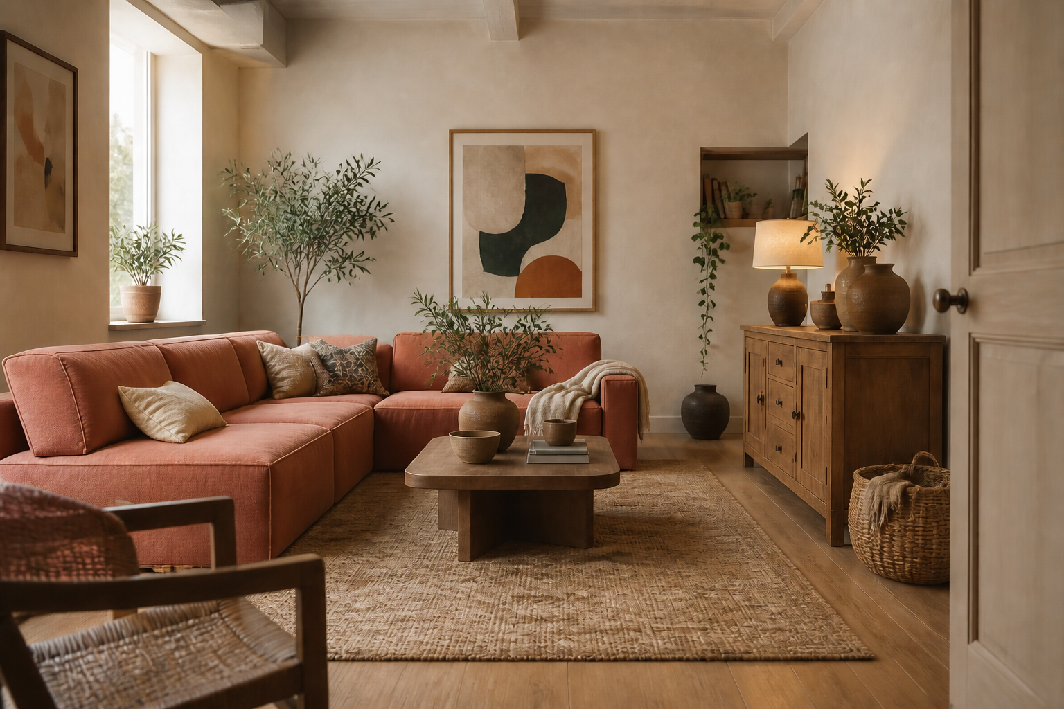 Natürlich eingerichtetes Wohnzimmer mit Terrakottasofa, Holz und Keramik – KI-generierte Visualisierung