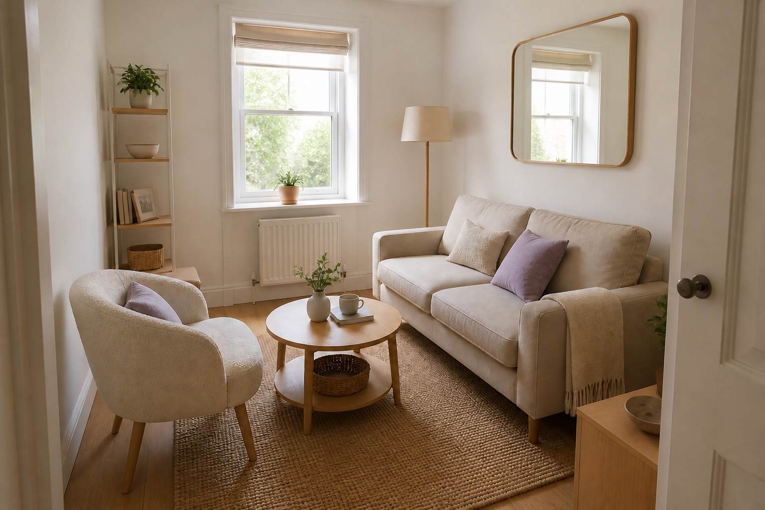 Helles kleines Wohnzimmer mit Sofa, rundem Tisch und Spiegel – KI-generierte Visualisierung