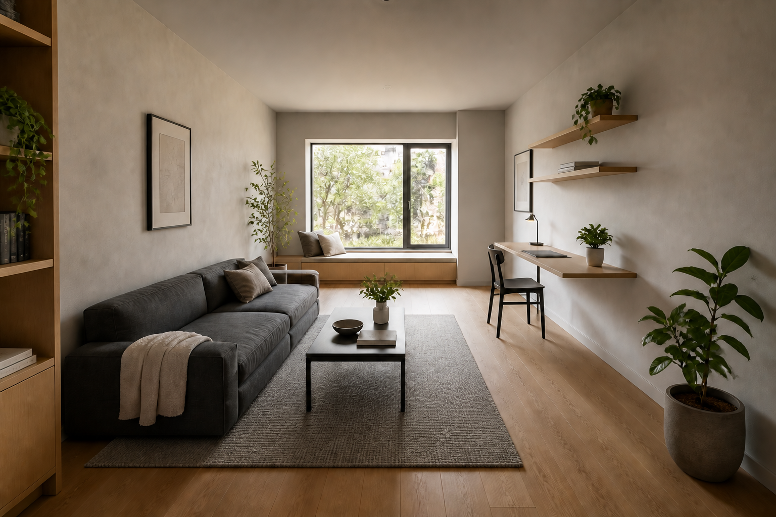 Modern-minimalistisches schmales Wohnzimmer mit Sofa, Fensterbank und Arbeitsplatz – KI-generierte Visualisierung