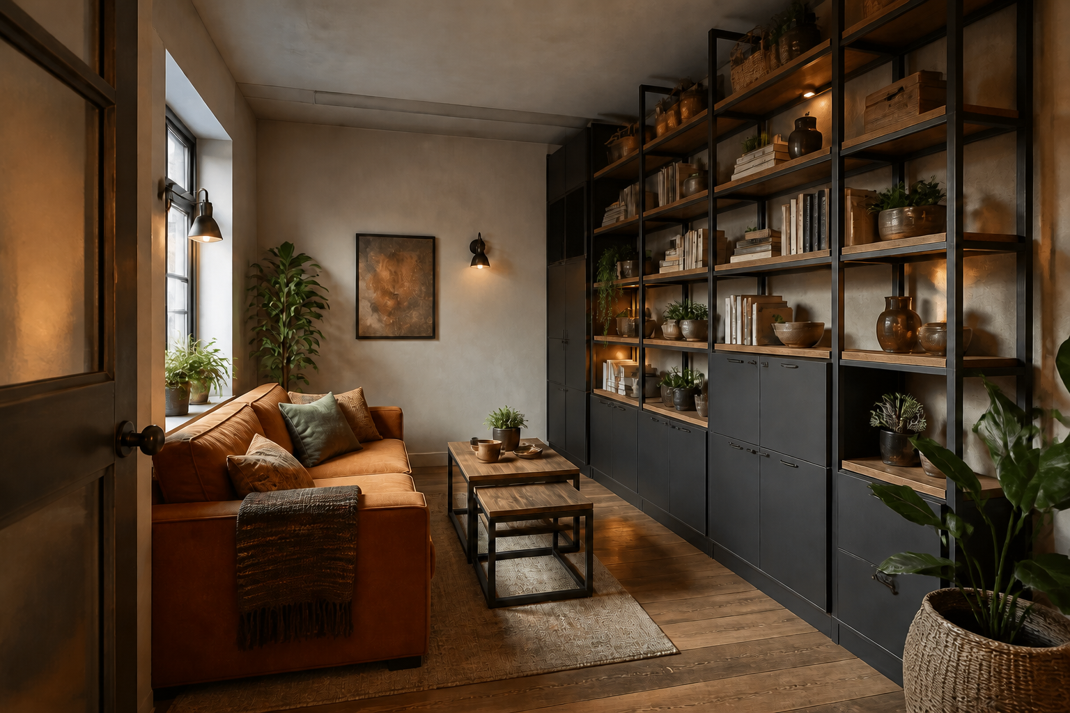 Warm-industrielles Wohnzimmer mit hoher Stauraumwand und Satztischen – KI-generierte Visualisierung