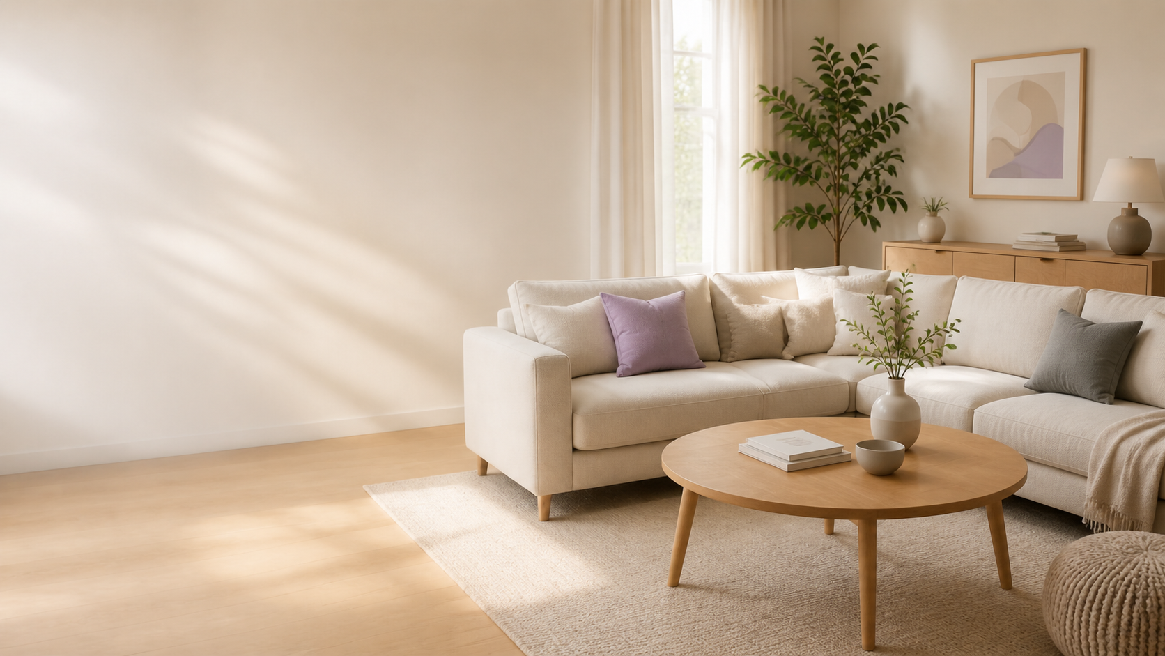 Helles, gemütliches Wohnzimmer mit Sofa und Holzmöbeln
